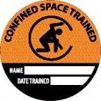 NMC - Confined Space Trained - Name ____ Date Trained ____, Hard Hat Label - Round, Black & Orange on White, 0.004" Thick, Indoor or Outdoor, Adhesive Backed, For Accident Prevention - Caliber Tooling