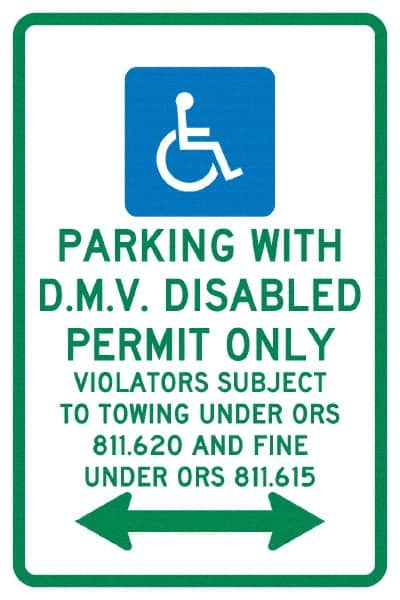 NMC - "Parking With D.M.V. Disabled Permit Only", "Double Arrow, Handicapped Symbol", 12" Wide x 18" High, Aluminum ADA Signs - 0.04" Thick, Green & Blue on White, Rectangle, Post Mount - Caliber Tooling