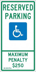 NMC - "Reserved Parking Maximum Penalty $250", "Handicap Symbol", 12" Wide x 24" High, Aluminum ADA Signs - 0.063" Thick, Green & Blue on White, Rectangle, Post Mount - Caliber Tooling