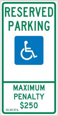 NMC - "Reserved Parking Maximum Penalty $250", "Handicap Symbol", 12" Wide x 24" High, Aluminum ADA Signs - 0.04" Thick, Green & Blue on White, Rectangle, Post Mount - Caliber Tooling