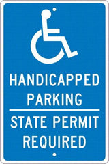 NMC - "Handicapped Parking State Permit Required", "Handicap Symbol", 12" Wide x 18" High, Aluminum ADA Signs - 0.063" Thick, White on Blue, Rectangle, Post Mount - Caliber Tooling