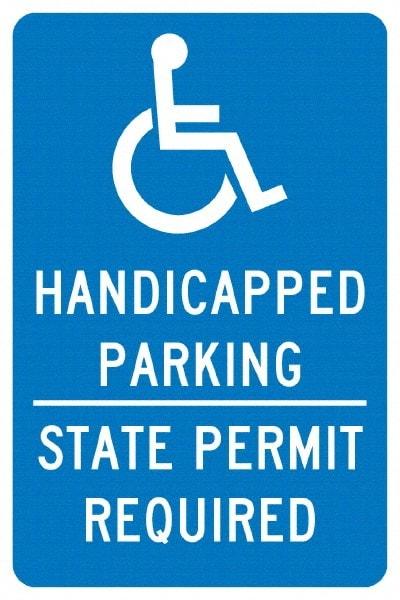 NMC - "Handicapped Parking State Permit Required", "Handicap Symbol", 12" Wide x 18" High, Aluminum ADA Signs - 0.04" Thick, White on Blue, Rectangle, Post Mount - Caliber Tooling