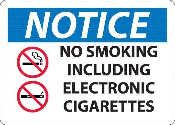 NMC - "No Smoking Including Electronic Cigarettes", 10" Long x 14" Wide, Rigid Plastic Safety Sign - Rectangle, 0.045" Thick, Use for Smoking Regulations - Caliber Tooling