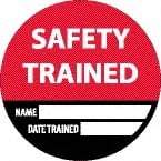 NMC - Safety Trained - Name ____ Date Trained ____, Hard Hat Label - Black/Red/White, 0.045" Thick, For Accident Prevention - Caliber Tooling