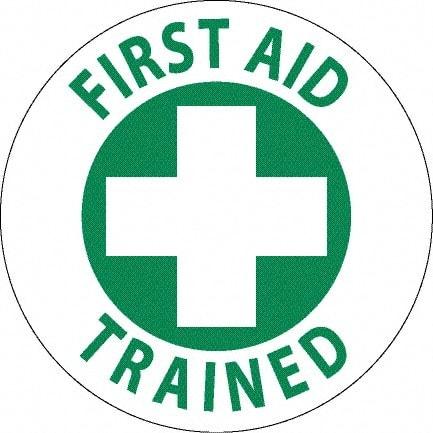 NMC - First Aid Trained, Hard Hat Label - Green on White, 0.045" Thick, For Accident Prevention - Caliber Tooling