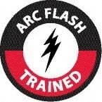 NMC - Arc Flash Trained, Hard Hat Label - Round, White & Red on Black, 0.004" Thick, Indoor or Outdoor, Adhesive Backed, For Accident Prevention - Caliber Tooling