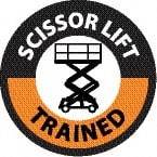 NMC - Scissor Lift Trained, Hard Hat Label - Round, Black & Orange on White, 0.004" Thick, Indoor or Outdoor, Adhesive Backed, For Accident Prevention - Caliber Tooling