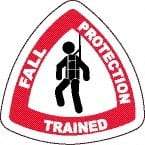 NMC - Fall Protection Trained, Hard Hat Label - Diamond, Black & Red on White, 0.004" Thick, Indoor or Outdoor, Adhesive Backed, For Accident Prevention - Caliber Tooling