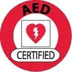 NMC - AED Certified, Hard Hat Label - Round, Black & Red on White, 0.004" Thick, Indoor or Outdoor, Adhesive Backed, For Certified Operator - Caliber Tooling