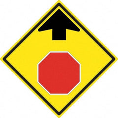 NMC - "Up Arrow, Stop Symbol", 24" Wide x 24" High, Aluminum Stop & Yield Signs - 0.08" Thick, Red & Black on Yellow, High Intensity Reflectivity, Diamond, Post Mount - Caliber Tooling