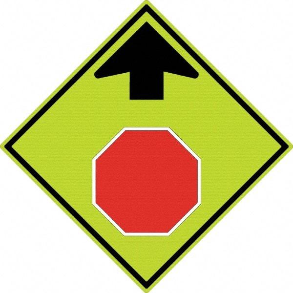 NMC - "Up Arrow, Stop Symbol", 30" Wide x 30" High, Aluminum Stop & Yield Signs - 0.08" Thick, Red & Black on Yellow, Diamond Grade Reflectivity, Diamond, Post Mount - Caliber Tooling