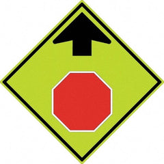 NMC - "Up Arrow, Stop Symbol", 30" Wide x 30" High, Aluminum Stop & Yield Signs - 0.08" Thick, Red & Black on Yellow, Diamond Grade Reflectivity, Diamond, Post Mount - Caliber Tooling