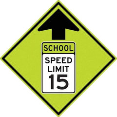 NMC - "School Speed Limit 15", "Up Arrow", 30" Wide x 30" High, Aluminum Warning & Safety Reminder Signs - 0.08" Thick, Black/Green, Diamond Grade Reflectivity, Diamond, Post Mount - Caliber Tooling