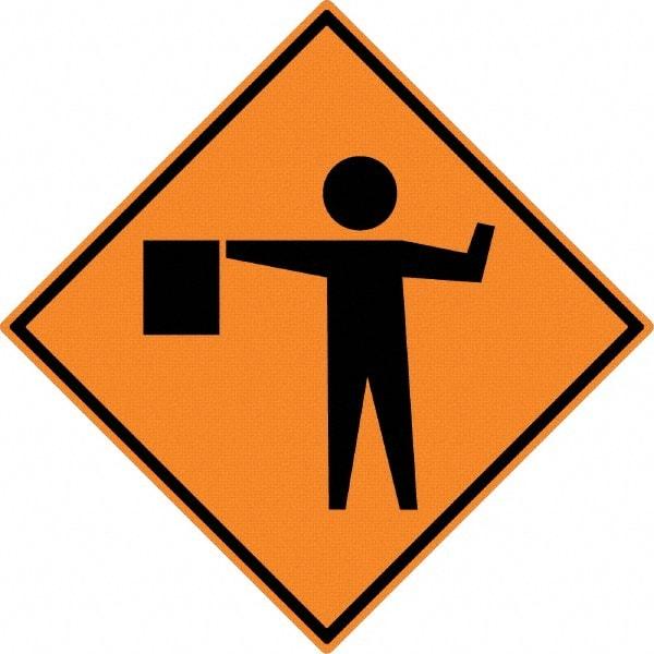 NMC - "Worker w/Directional Flag", 30" Wide x 30" High, Aluminum Construction Roadway Signs - 0.08" Thick, Black on Orange, High Intensity Reflectivity, Diamond, Post Mount - Caliber Tooling