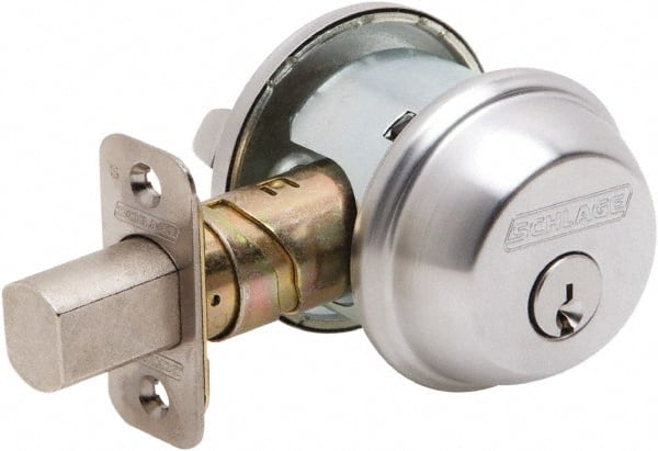 Schlage - 1-3/8 to 2-1/4" Door Thickness, Satin Chrome Finish, Key Operated Deadbolt - Exact Industrial Supply