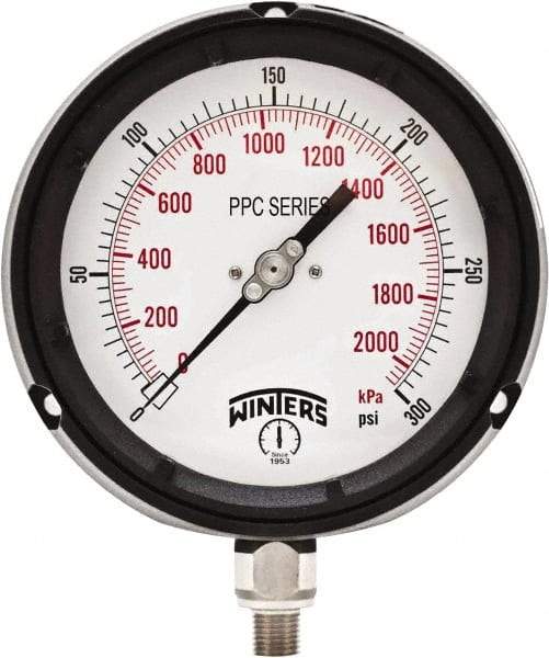 Winters - 4-1/2" Dial, 1/4 Thread, 0-300 Scale Range, Pressure Gauge - Bottom Connection Mount, Accurate to ±0.5% of Scale - Caliber Tooling