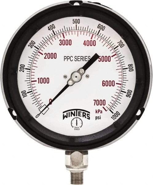 Winters - 4-1/2" Dial, 1/4 Thread, 0-1,000 Scale Range, Pressure Gauge - Bottom Connection Mount, Accurate to ±0.5% of Scale - Caliber Tooling