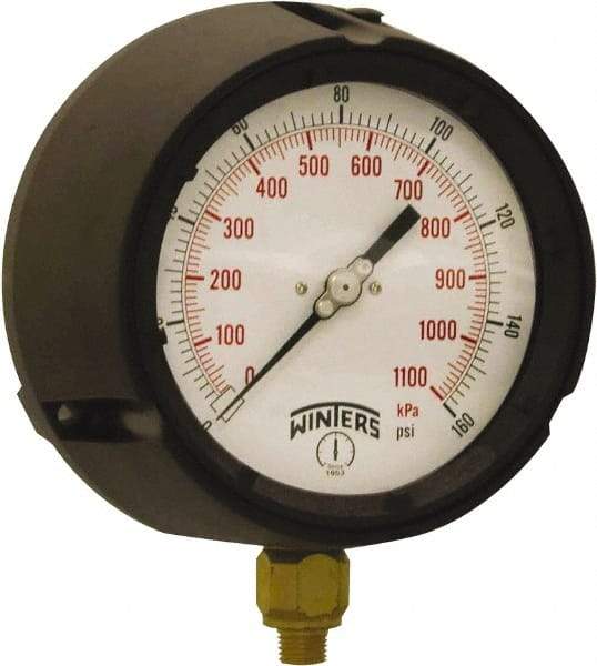 Winters - 4-1/2" Dial, 1/4 Thread, 0-160 Scale Range, Pressure Gauge - Bottom Connection Mount, Accurate to ±0.5% of Scale - Caliber Tooling