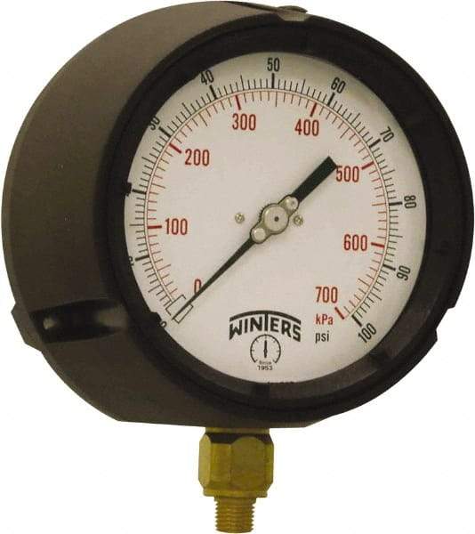 Winters - 4-1/2" Dial, 1/4 Thread, 0-100 Scale Range, Pressure Gauge - Bottom Connection Mount, Accurate to ±0.5% of Scale - Caliber Tooling