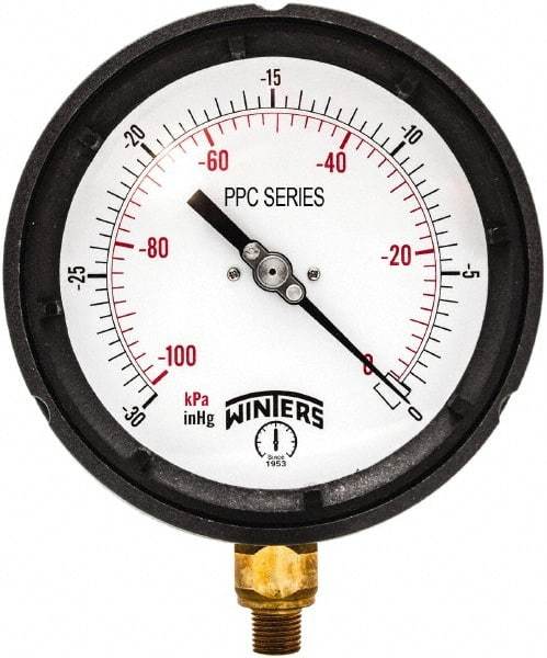 Winters - 4-1/2" Dial, 1/4 Thread, 30-0 Hg VAC Scale Range, Pressure Gauge - Bottom Connection Mount, Accurate to ±0.5% of Scale - Caliber Tooling