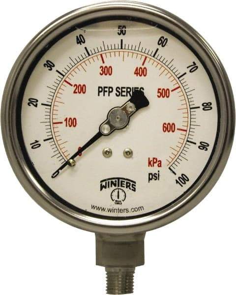 Winters - 4" Dial, 1/4 Thread, 0-100 Scale Range, Pressure Gauge - Bottom Connection Mount, Accurate to 1% Full-Scale of Scale - Caliber Tooling