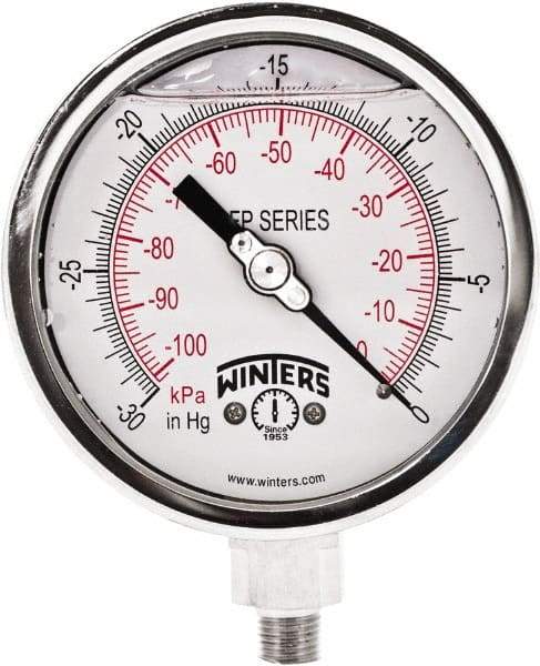 Winters - 4" Dial, 1/4 Thread, 30" HG Vac Scale Range, Pressure Gauge - Bottom Connection Mount, Accurate to 0.01% of Scale - Caliber Tooling