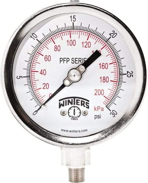 Winters - 4" Dial, 1/4 Thread, 0-30 Scale Range, Pressure Gauge - Bottom Connection Mount, Accurate to 1% Full-Scale of Scale - Caliber Tooling