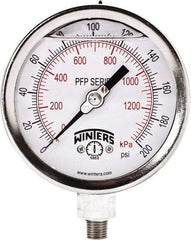 Winters - 4" Dial, 1/4 Thread, 0-200 Scale Range, Pressure Gauge - Bottom Connection Mount, Accurate to 1% Full-Scale of Scale - Caliber Tooling