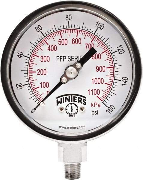 Winters - 4" Dial, 1/4 Thread, 0-160 Scale Range, Pressure Gauge - Bottom Connection Mount, Accurate to 1% Full-Scale of Scale - Caliber Tooling