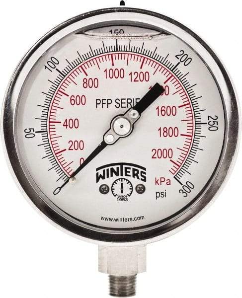 Winters - 4" Dial, 1/4 Thread, 0-300 Scale Range, Pressure Gauge - Bottom Connection Mount, Accurate to 0.01% of Scale - Caliber Tooling