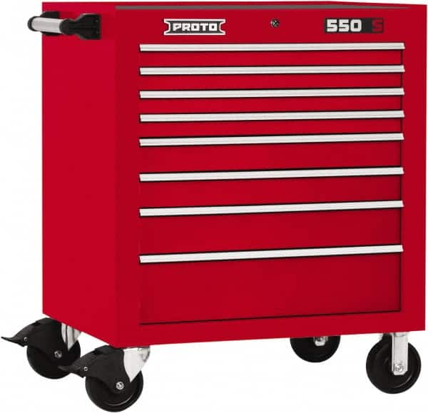 Proto - 8 Drawer Steel Tool Roller Cabinet - 34" Wide x 41" High x 25-1/4" Deep, Ball Bearing Drawer Slides, Red - Caliber Tooling