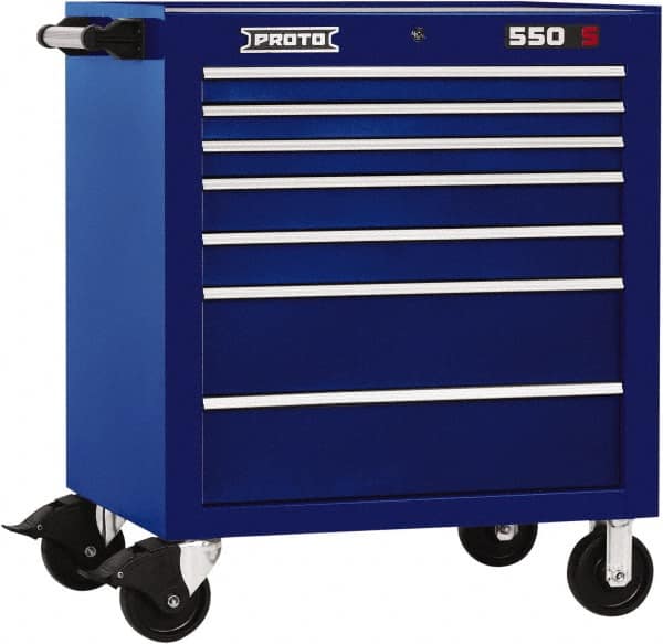 Proto - 7 Drawer Steel Tool Roller Cabinet - 34" Wide x 41" High x 25-1/4" Deep, Ball Bearing Drawer Slides, Blue - Caliber Tooling