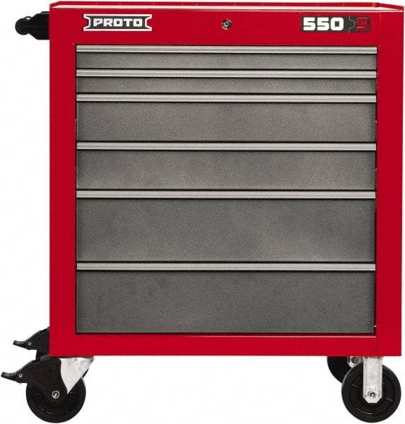 Proto - 6 Drawer Steel Tool Roller Cabinet - 34" Wide x 41" High x 25-1/4" Deep, Ball Bearing Drawer Slides, Safety Red/Gray - Caliber Tooling