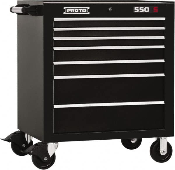 Proto - 7 Drawer Steel Tool Roller Cabinet - 34" Wide x 41" High x 25-1/4" Deep, Ball Bearing Drawer Slides, Black - Caliber Tooling