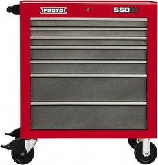 Proto - 7 Drawer Steel Tool Roller Cabinet - 34" Wide x 41" High x 25-1/4" Deep, Ball Bearing Drawer Slides, Safety Red/Gray - Caliber Tooling