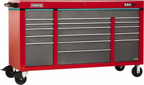 Proto - 30,144 Lb Capacity, 18 Drawer Mobile Power Workstation - 67" Wide x 25-1/4" Deep x 41" High, Steel, Safety Red & Gray - Caliber Tooling