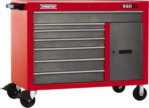 Proto - 18,109 Lb Capacity, 7 Drawer Mobile Workstation - 50" Wide x 25-1/4" Deep x 41" High, Steel, Safety Red & Gray - Caliber Tooling