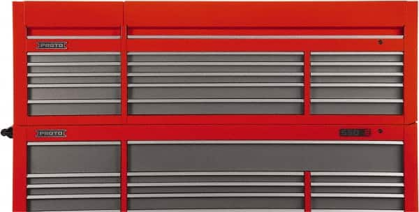 Proto - 15 Drawer Top Tool Chest - 88-1/4" Wide x 27" Deep x 27-1/4" High, Steel, Safety Red/Gray - Caliber Tooling