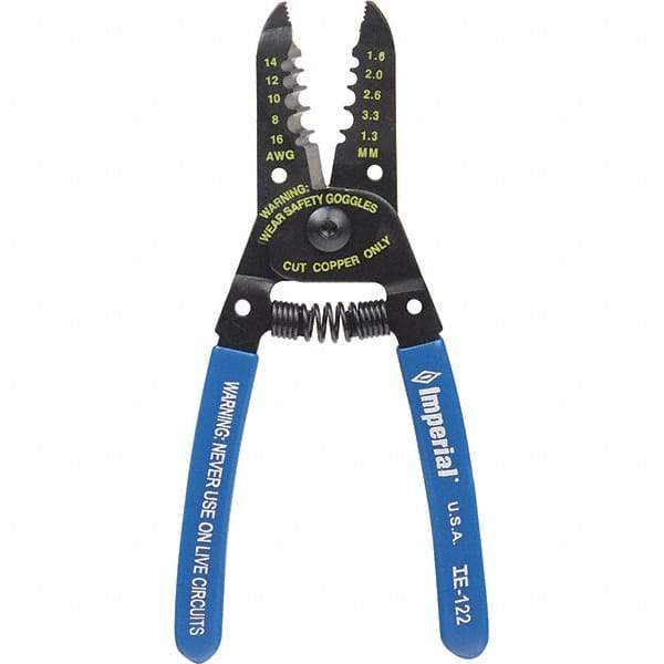 Imperial - 8 to 16 AWG Capacity Wire Stripper/Cutter - 6" OAL, Hardened Steel with Cushion Grip Handle - Caliber Tooling