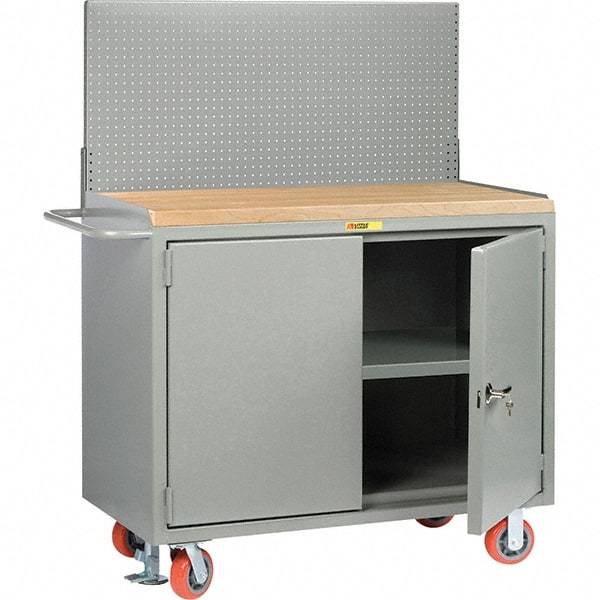 Little Giant - 3,600 Lb Capacity, 3 Shelf, 2 Door Mobile Bench Cabinet with Pegboard Panel - 53" Wide x 24" Deep x 43" High, Steel, Gray - Caliber Tooling