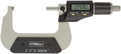 Fowler - 2 to 3" Range, 0.00005" Resolution, Standard Throat IP54 Electronic Outside Micrometer - 0.0002" Accuracy, Ratchet Stop Thimble, Carbide Face, CR2032 Battery - Caliber Tooling