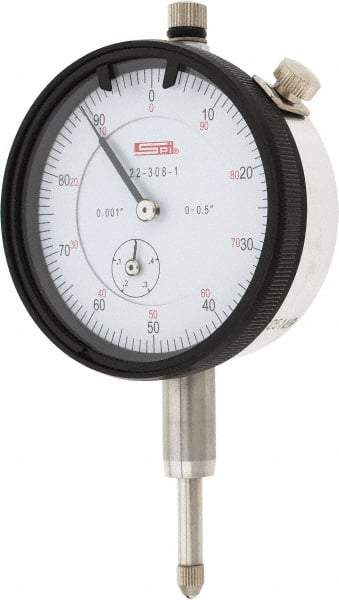 SPI - 1/2" Range, 0-100 Dial Reading, 0.001" Graduation Dial Drop Indicator - 2.2" Dial, 0.1" Range per Revolution, 0.002" Accuracy, Revolution Counter, Includes NIST Traceability Certification - Caliber Tooling