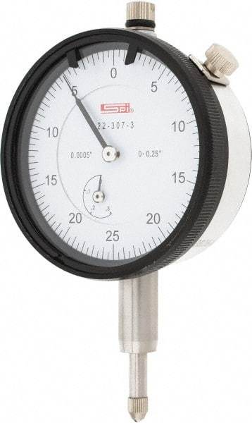 SPI - 1/4" Range, 0-25-0 Dial Reading, 0.0005" Graduation Dial Drop Indicator - 2.2" Dial, 0.05" Range per Revolution, 0.0015" Accuracy, Revolution Counter, Includes NIST Traceability Certification - Caliber Tooling