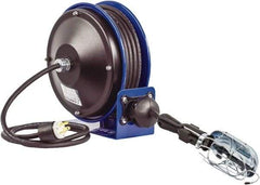 CoxReels - 16 AWG, 30' Cable Length, Cord & Cable Reel with Incandescent Hand Lamp with Tool Tap Plug End - 1 Outlet, NEMA 5-15R, 13 Amps, 115 Volts, SJTO Cable, Blue Reel, Spring Driven Reel - Caliber Tooling