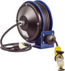 CoxReels - 16 AWG, 30' Cable Length, Cord & Cable Reel with Fluorescent Angle Light with Tool Tap Plug End - 1 Outlet, NEMA 5-15R, 13 Amps, 115 Volts, SJTO Cable, Blue Reel, Spring Driven Reel - Caliber Tooling