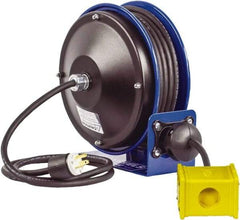 CoxReels - 12 AWG, 30' Cable Length, Cord & Cable Reel with Quad Outlet End - 4 Outlets, NEMA 5-20R, 20 Amps, 115 Volts, SJO Cable, Blue Reel, Spring Driven Reel - Caliber Tooling