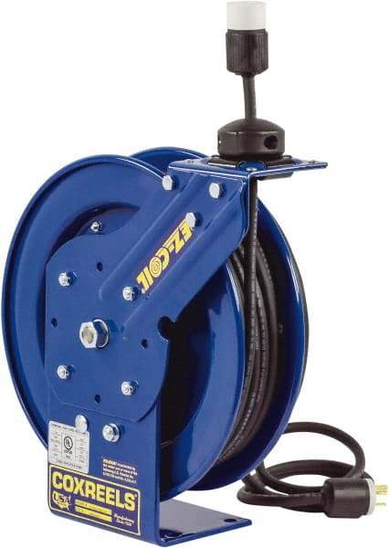 CoxReels - 16 AWG, 50' Cable Length, Cord & Cable Reel with Outlet End - 1 Outlet, NEMA 5-15R, 13 Amps, 115 Volts, SJO Cable, Blue Reel, Spring Driven Reel - Caliber Tooling