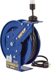 CoxReels - 16 AWG, 50' Cable Length, Cord & Cable Reel with Incandescent Hand Lamp with Tool Tap Plug End - 1 Outlet, 13 Amps, 115 Volts, SJTO Cable, Blue Reel, Spring Driven Reel - Caliber Tooling