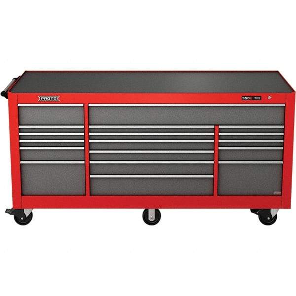 Proto - 48,654 Lb Capacity, 18 Drawer Mobile Power Workstation - 88-1/4" Wide x 27" Deep x 46-3/8" High, Steel, Safety Red & Gray - Caliber Tooling