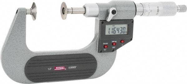 SPI - 1 to 2", IP54, Ratchet Stop Thimble, Electronic Disc Micrometer - 0.0002" Accuracy, 0.79" Disc, 0.00005" Resolution, 0.31" Spindle Diam, Steel Face, NIST Traceability Certification Included - Caliber Tooling